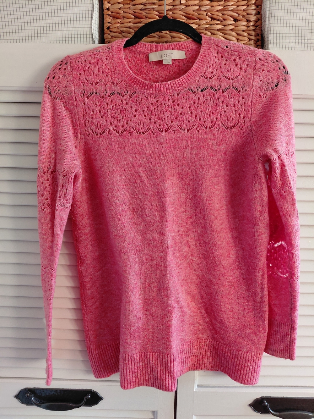 LOFT Pink Lace-Yoke Crewneck Sweater
